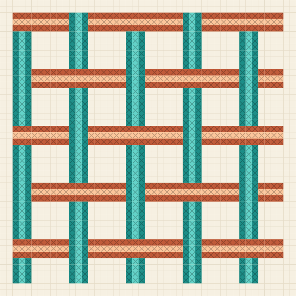 Square cross stitch chart of terracotta and teal straps crossing over and under one another, each with a lighter rail down its middle