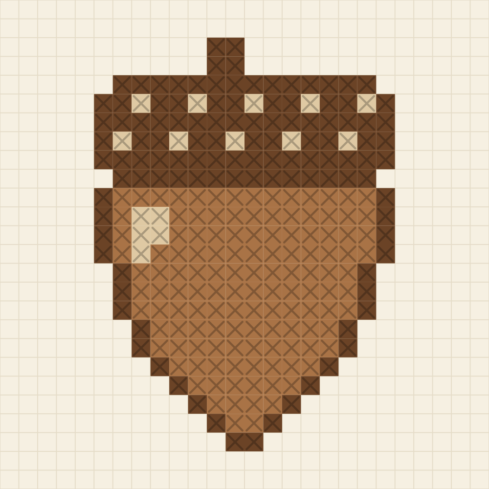 Chart of a single acorn with a textured chocolate cup and a toffee nut tapering to a point