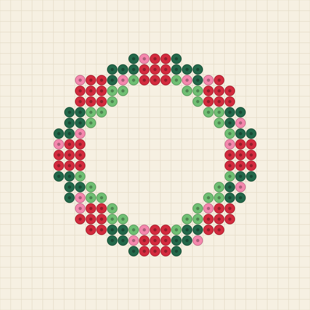 Beaded chart of a round wreath in two greens carrying eight cherry red berry clusters and bubblegum buds between them