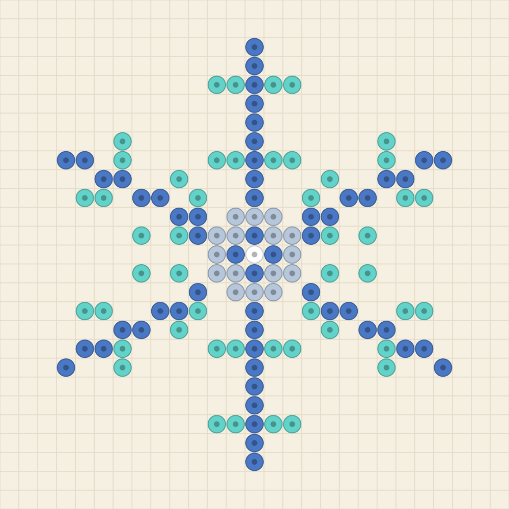 Beaded chart of a six armed frost crystal in cornflower with aqua spurs and a silver blue ring at its centre