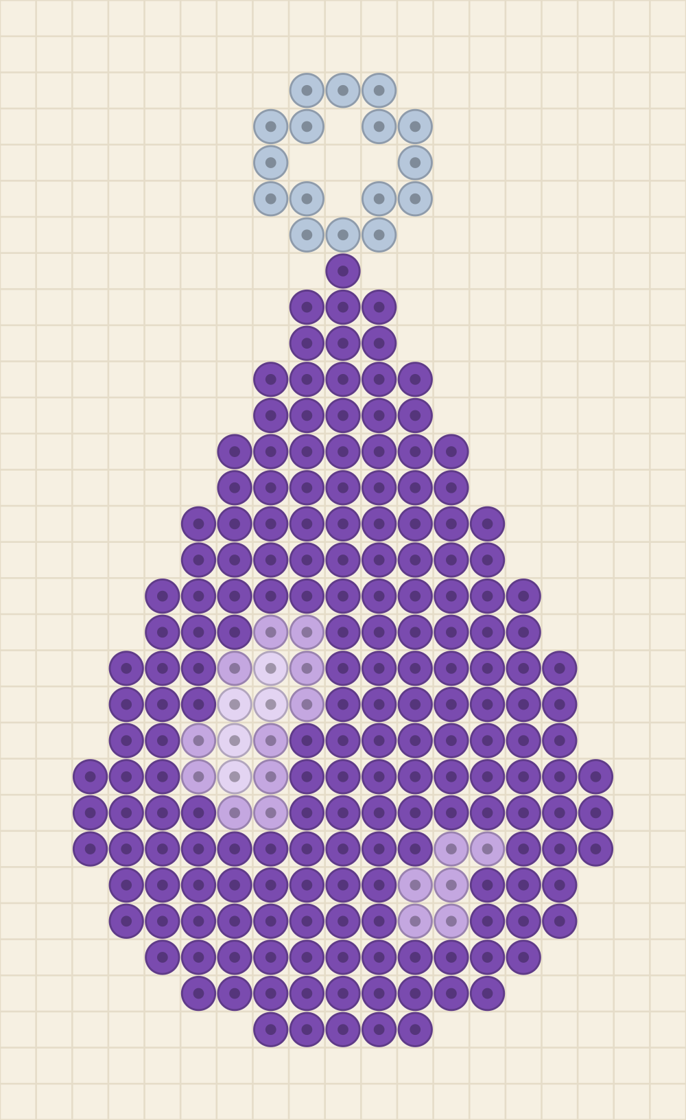 Beaded chart of a grape purple teardrop pendant with a lavender highlight on its shoulder and a silver blue bail above