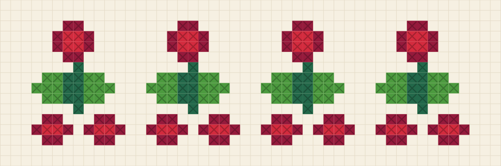 Chart of a repeating border band with a single berry above a pair of leaves and two berries hanging below