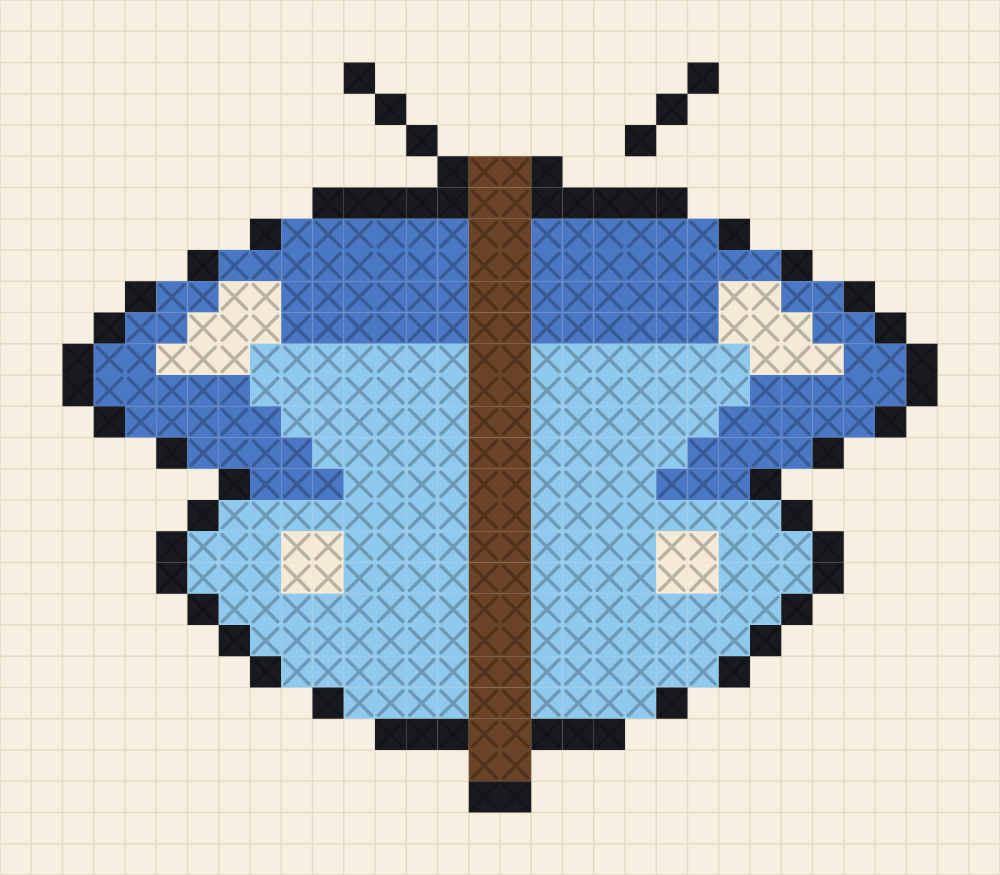 Chart of a symmetrical butterfly with open wings in cornflower and sky blue with cream markings