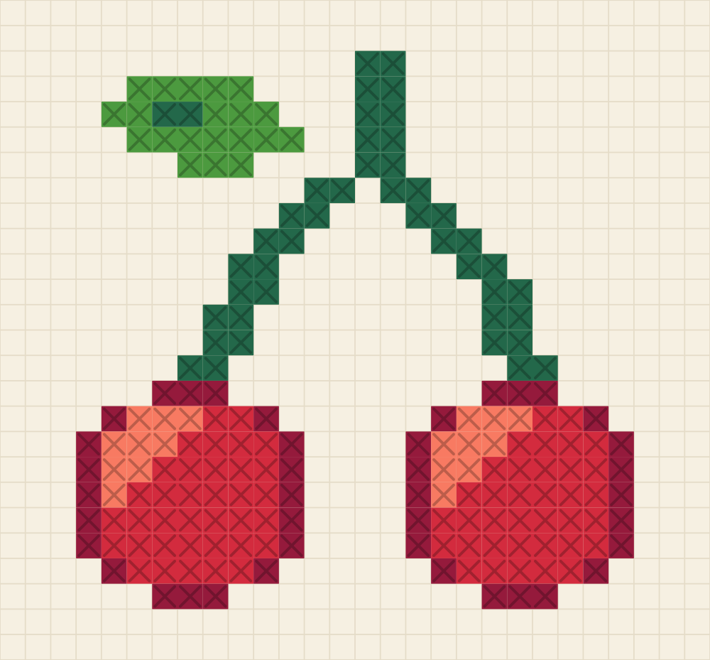 Chart of two round cherries hanging from a forked stem with one leaf above them