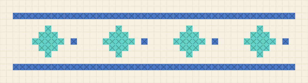 Chart of a geometric border band with aqua diamonds between two cornflower rails and a single square between each diamond