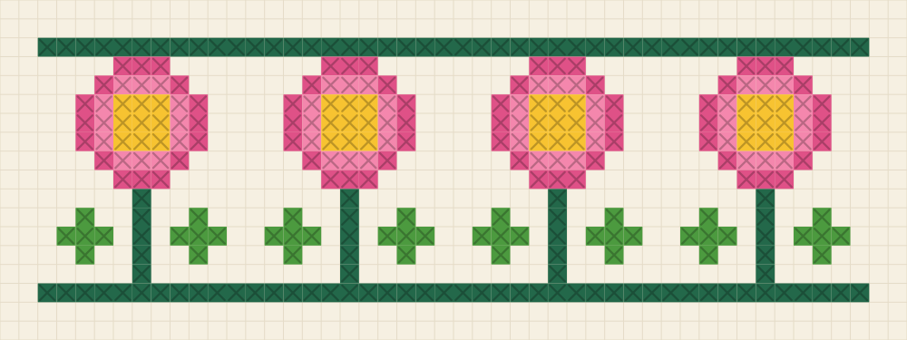 Chart of a repeating floral border band with four rose flowers on a vine between two straight rails