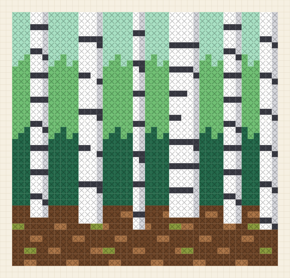 Cross stitch chart of six white birch trunks with charcoal bark marks against a wood shading from mint down to pine