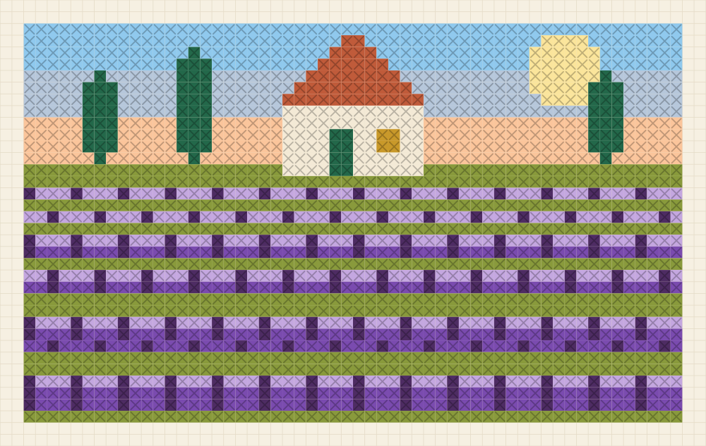 Wide cross stitch chart of lavender rows running back to a farmhouse with a terracotta roof, three cypresses and a low sun