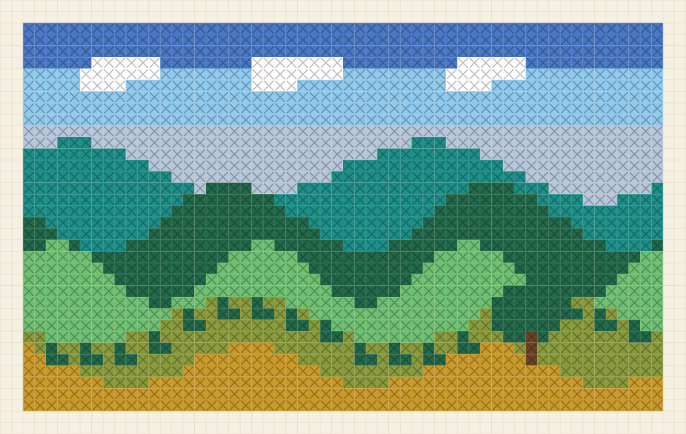 Wide cross stitch chart of five green ridges overlapping back to the horizon, with a hedgerow along one crest and a lone tree