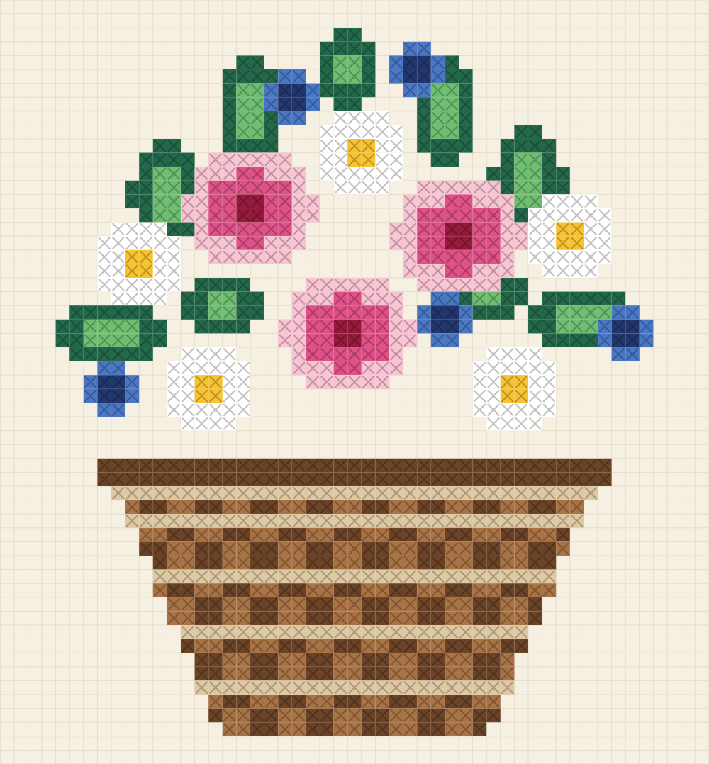 Large cross stitch chart of a woven basket holding three roses, five daisies and five cornflowers over leaves in two greens