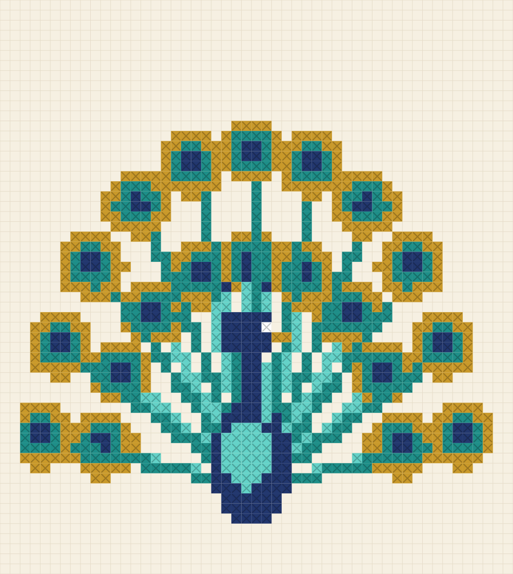 Large cross stitch chart of a peacock with its tail fanned into twenty eye feathers in mustard, teal and navy