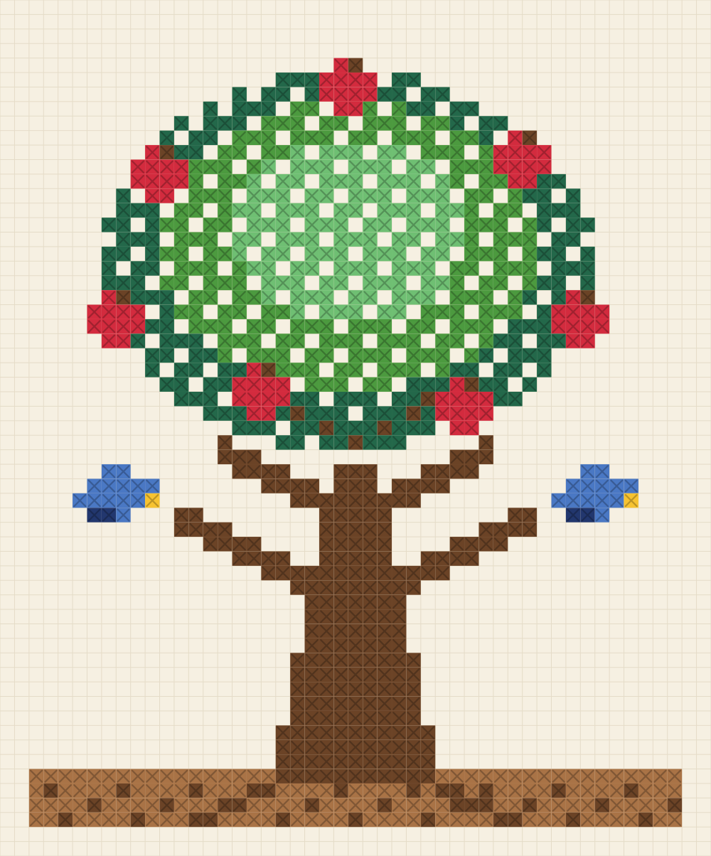 Large cross stitch chart of a spreading tree with an open canopy in three greens, cherry red fruit and a bird on each side