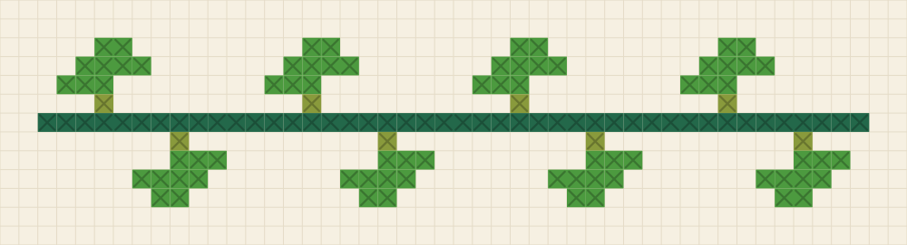 Chart of a repeating border band with a straight pine vine and pointed leaves alternating above and below it