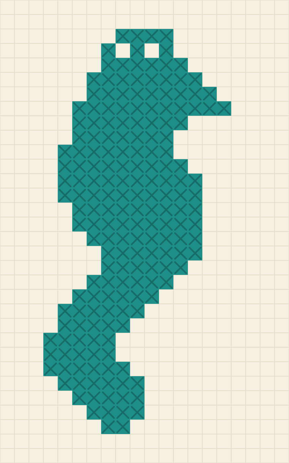 Single colour chart of a seahorse in profile with a spiked crown, a tucked snout and a tail curling back on itself