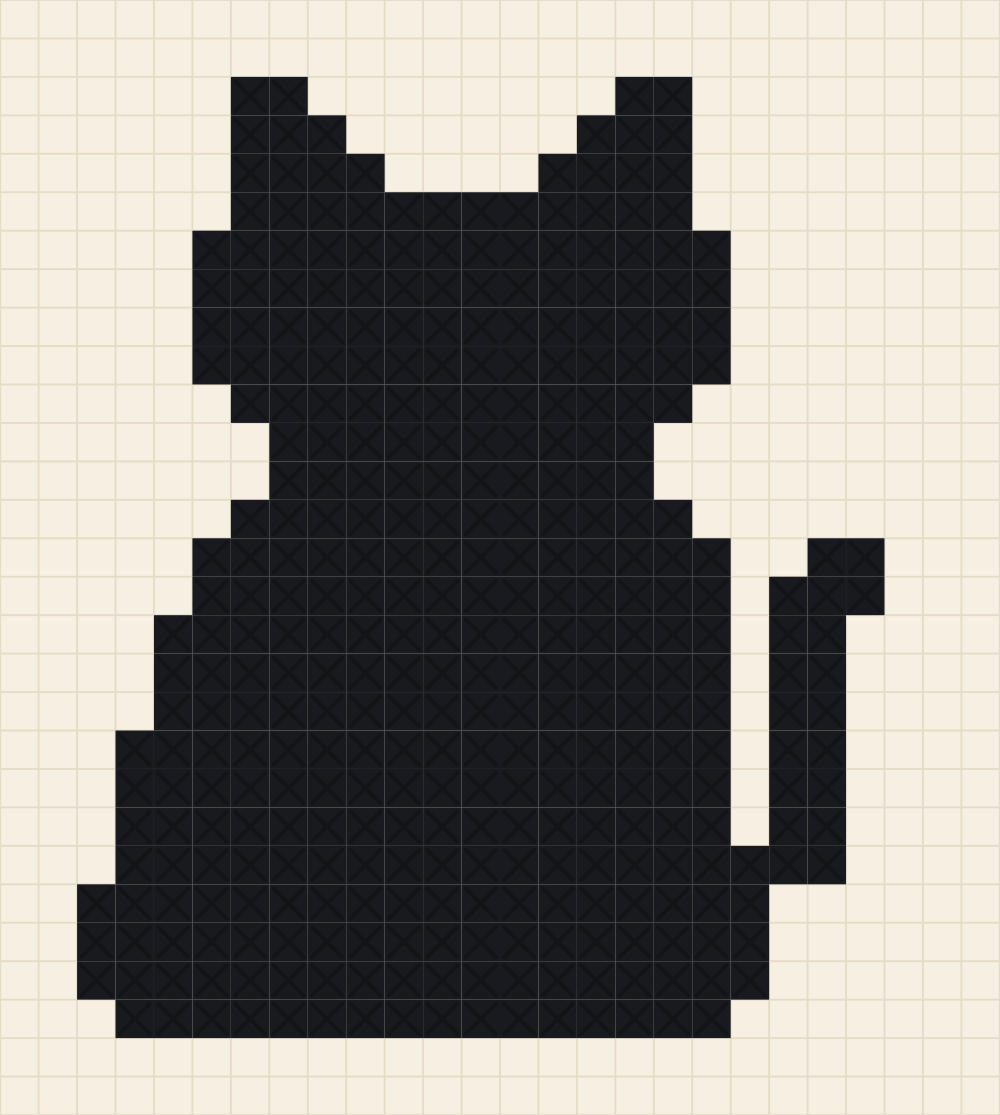 Single colour chart of a cat sitting face on with pointed ears and a tail sweeping up the right side clear of the body
