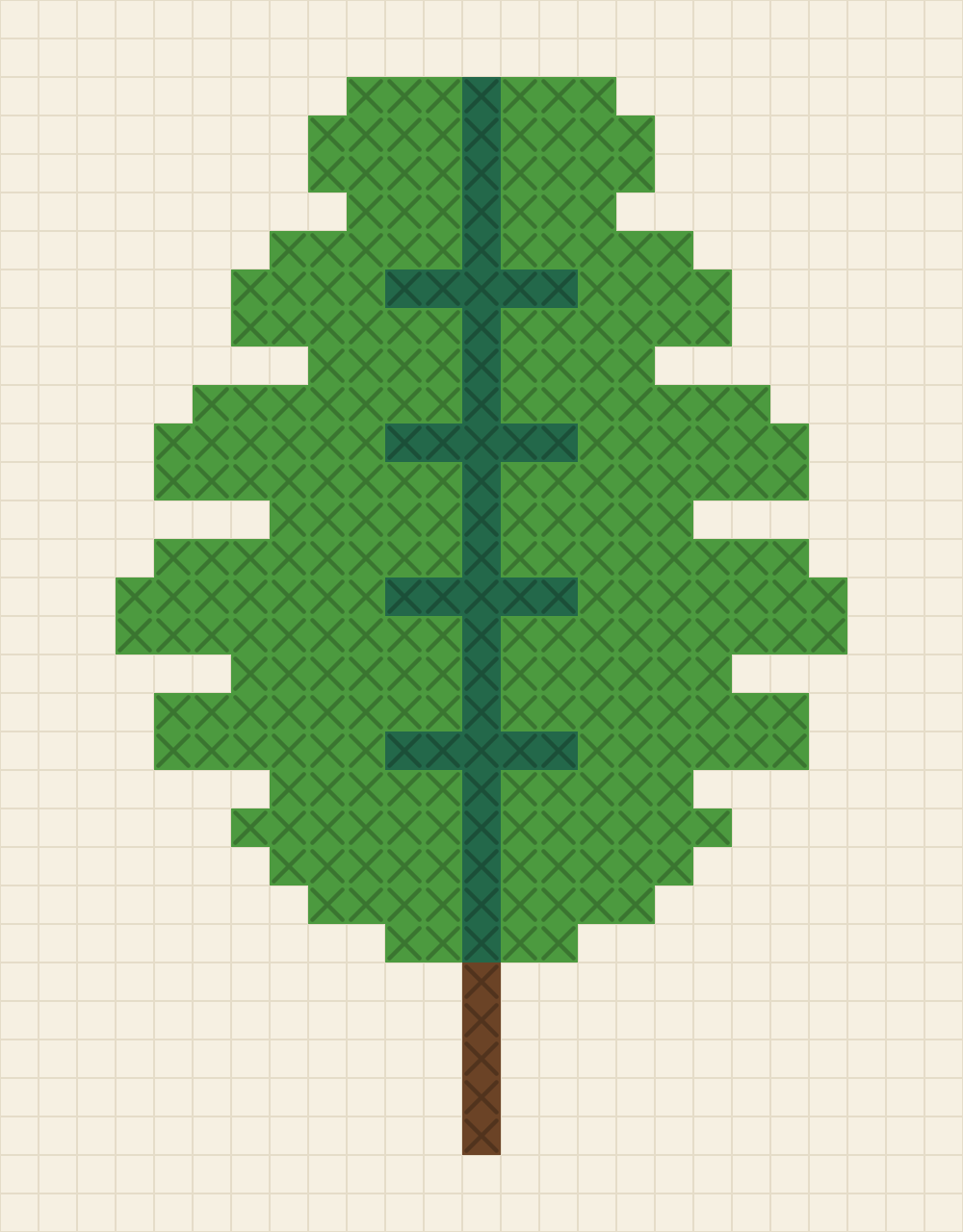 Cross stitch chart of a single oak leaf with eleven rounded lobes, a pine midrib, four side veins and a brown stalk