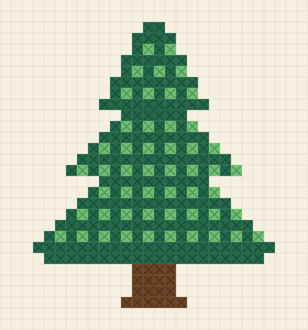 Chart of a tall pine tree in three tiers of needles with a short chocolate trunk