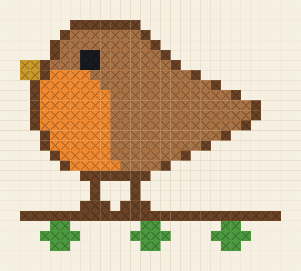 Chart of a round breasted songbird facing left on a branch, tangerine chest and toffee back