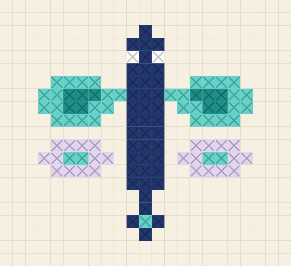Small chart of a dragonfly seen from above with two teal upper wings, two lavender lower wings and a navy body