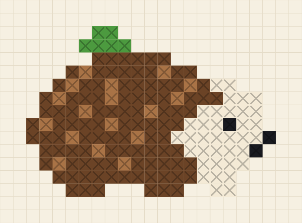 Small chart of a hedgehog facing right with toffee flecks through its chocolate spines, a cream face and a leaf on its back