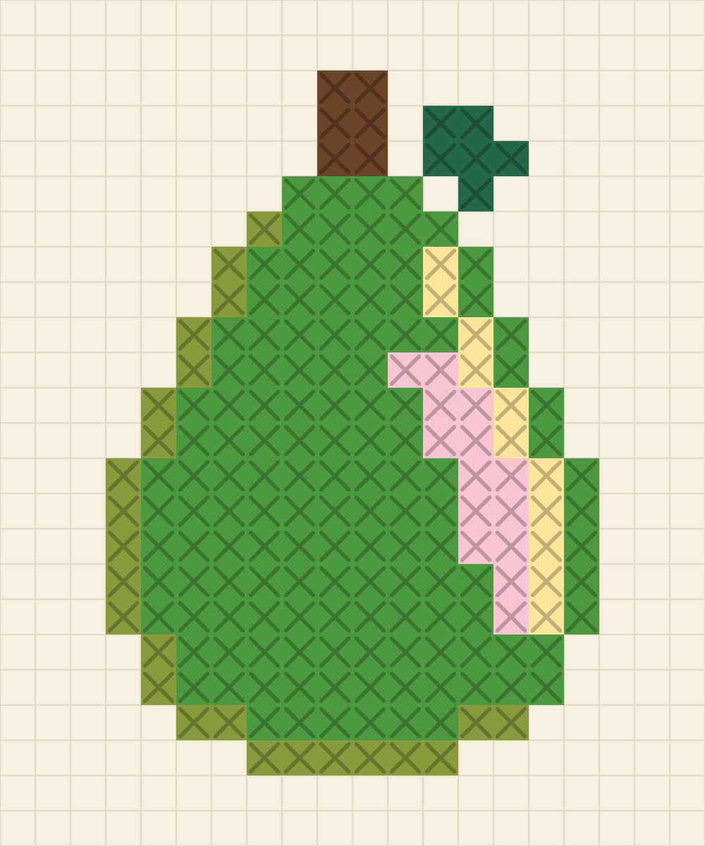 Small chart of a pear with an olive shaded left side, a blush cheek and a single pine leaf at the stem