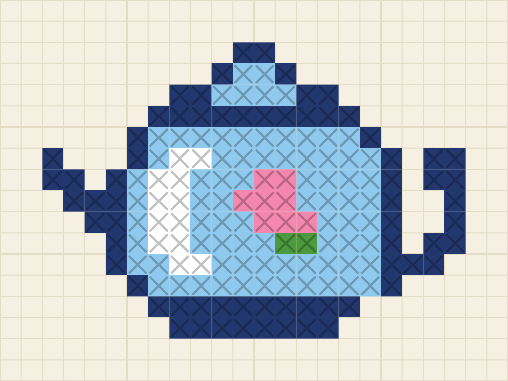 Small chart of a round teapot with a navy outline, a sky blue body, a white highlight and a pink flower over a green leaf