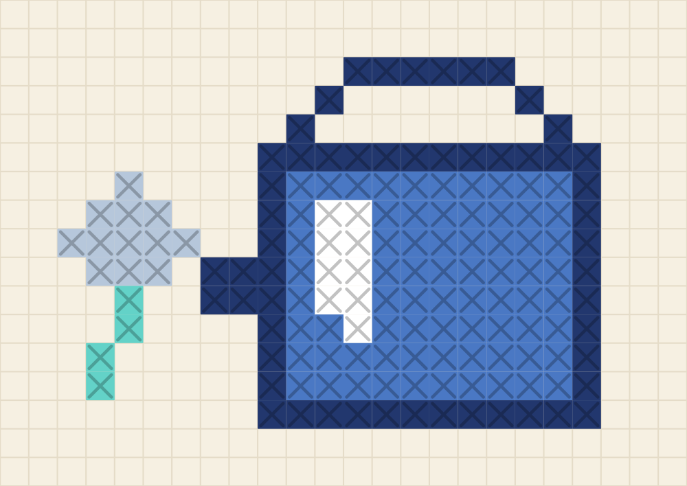 Small chart of a watering can with an arched handle, a rose head on the left and two aqua drops falling from it