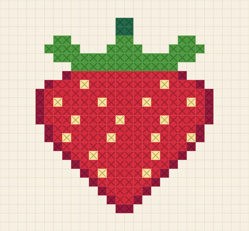 Chart of a ripe strawberry with a pointed tip, butter coloured pips and a green calyx of three leaves