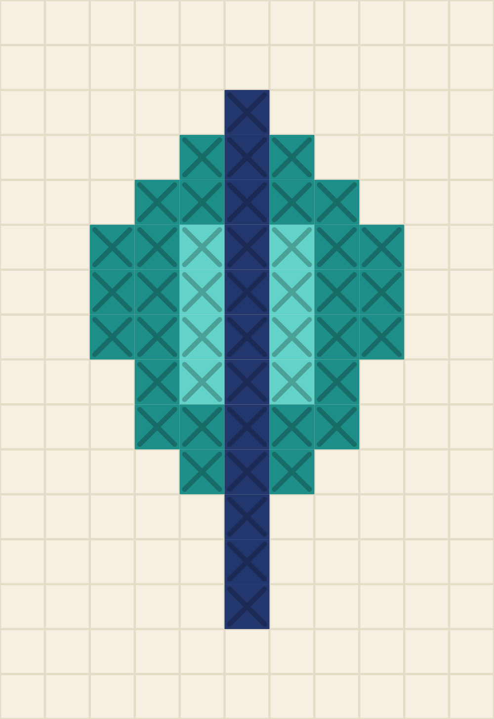 Tiny cross stitch chart of a feather with a teal vane split by an aqua stripe on a navy shaft