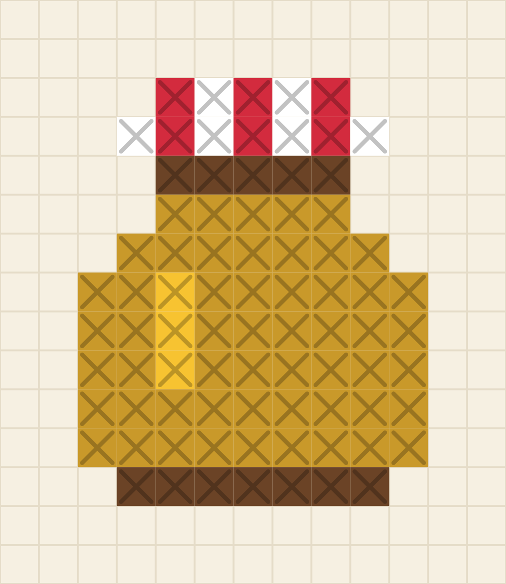 Tiny cross stitch chart of a honey jar with a red and white checked cloth over its mouth and a bright stripe down the glass