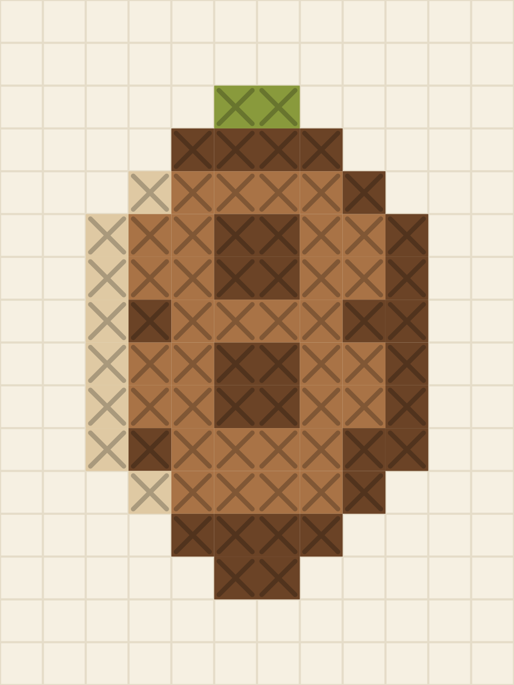 Tiny cross stitch chart of a pine cone with toffee scales layered over chocolate and a sand edge down its lit side