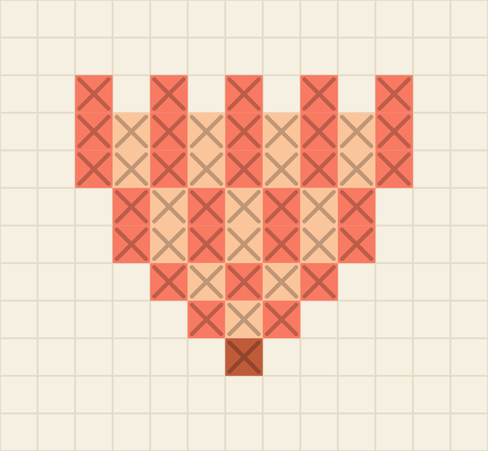 Tiny cross stitch chart of a scallop shell with coral and peach ribs fanning out above a terracotta hinge
