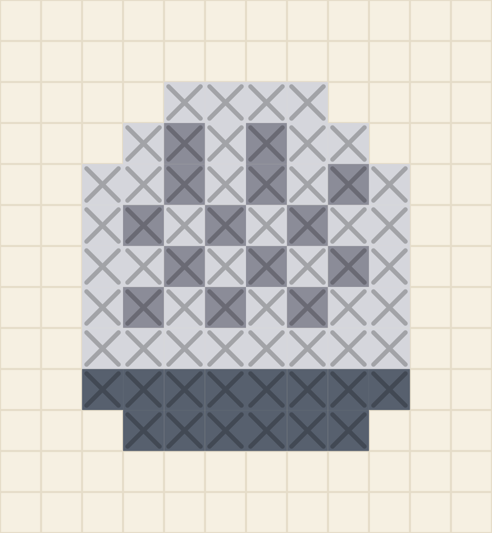 Tiny cross stitch chart of a sewing thimble with storm grey dimples over a pearl grey dome and a slate band at the rim