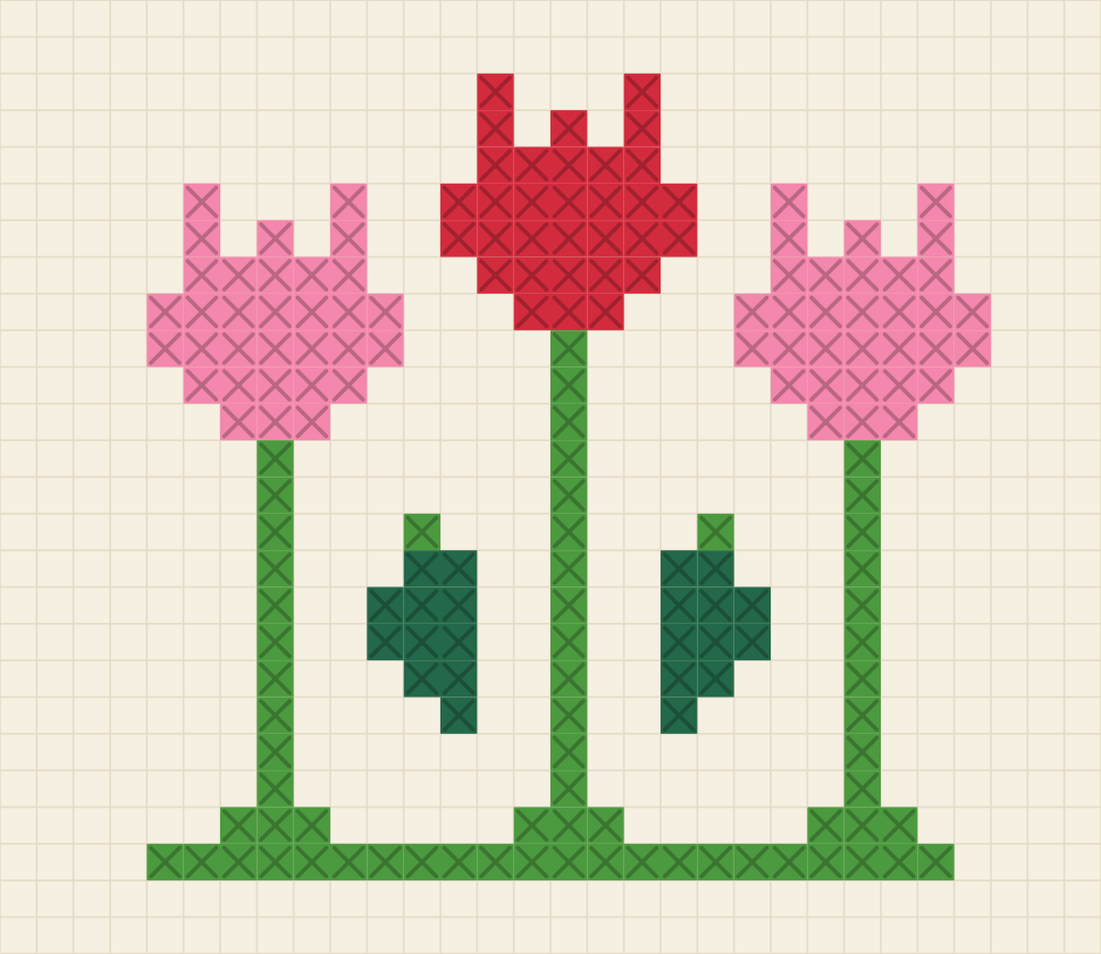 Chart of three tulips on tall stems, the red one raised above two pink ones, with pointed leaves