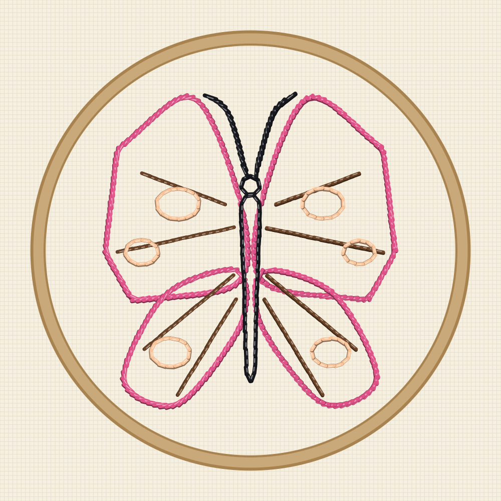 Angular butterfly transfer with faceted wing corners, a narrow body and mirrored vein lines