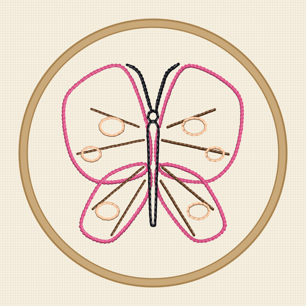 Botanical butterfly embroidery study with full wing venation, segmented body and restrained markings
