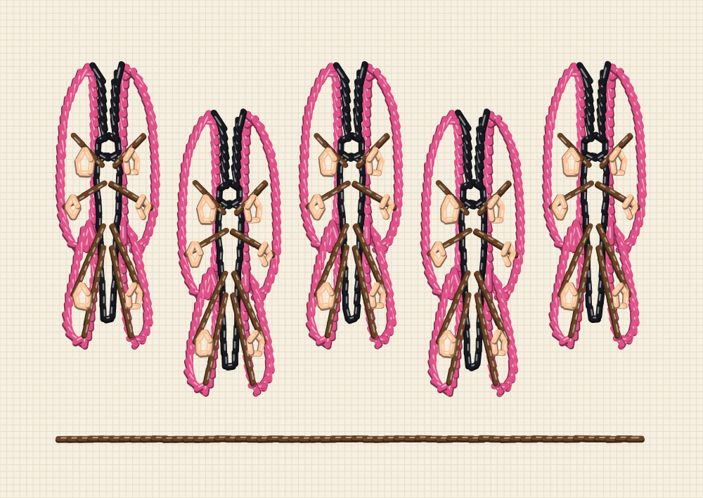 Horizontal embroidery border with five alternating butterflies and a straight guide rail for a hem