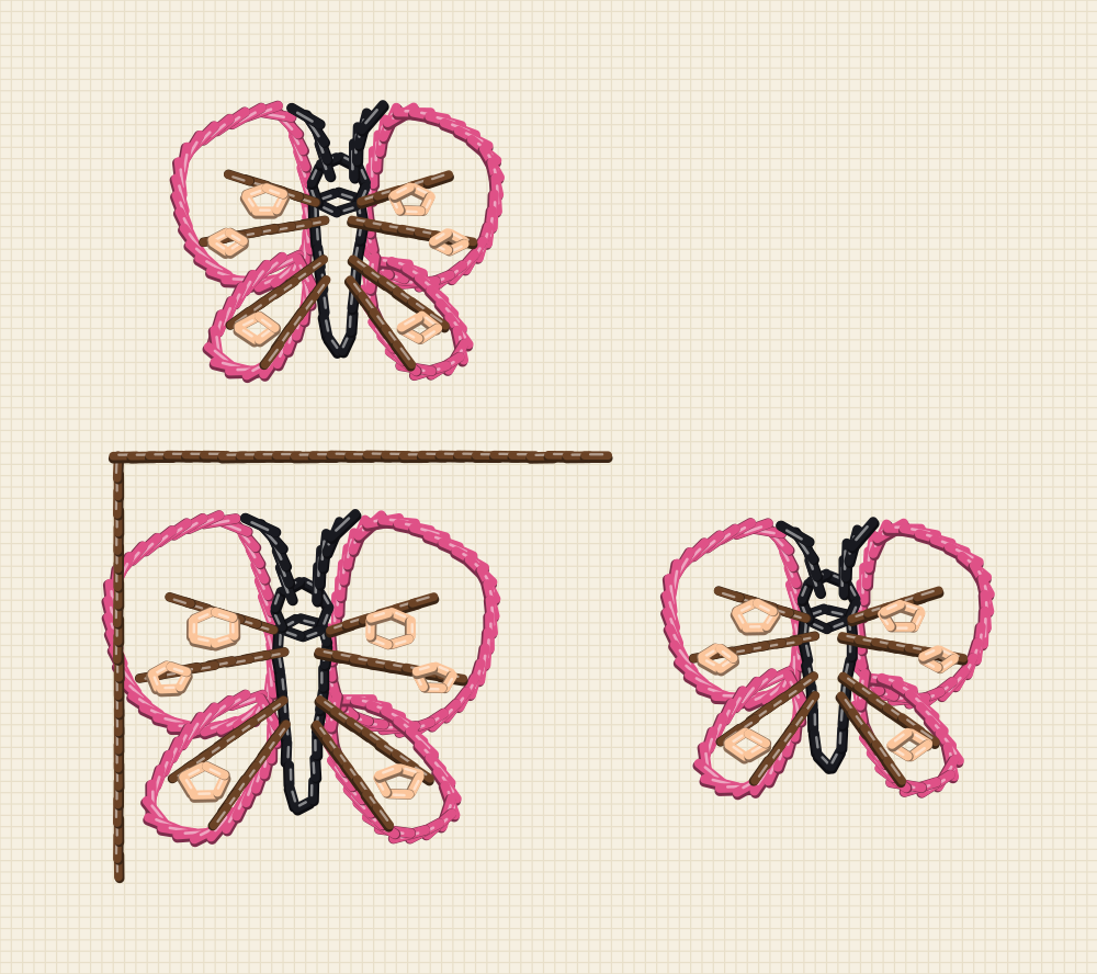 L shaped butterfly embroidery corner with three butterflies fitted around a napkin or pocket edge