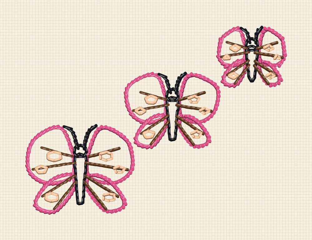 Three small butterflies rising diagonally across the fabric with changing wing profiles and spacing