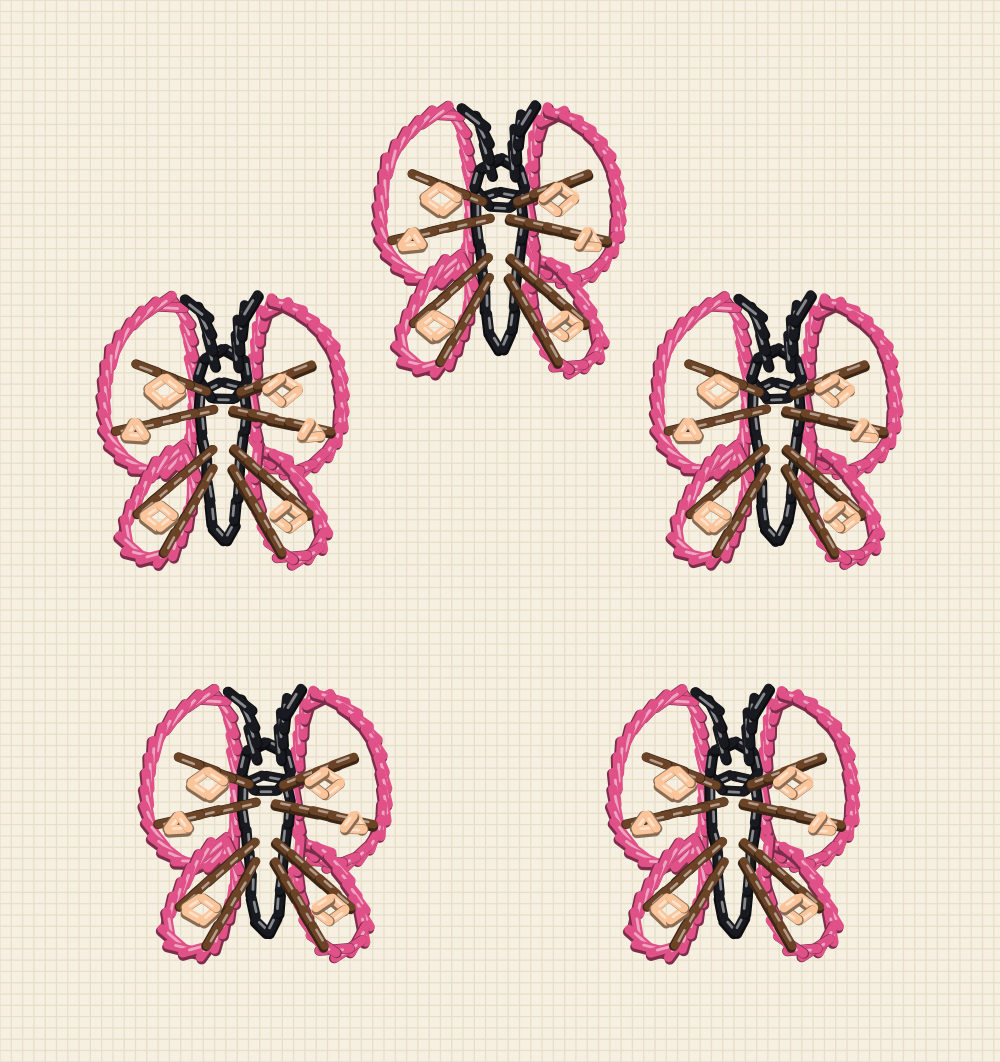 Circular wreath embroidery pattern made from five small butterflies around an empty centre