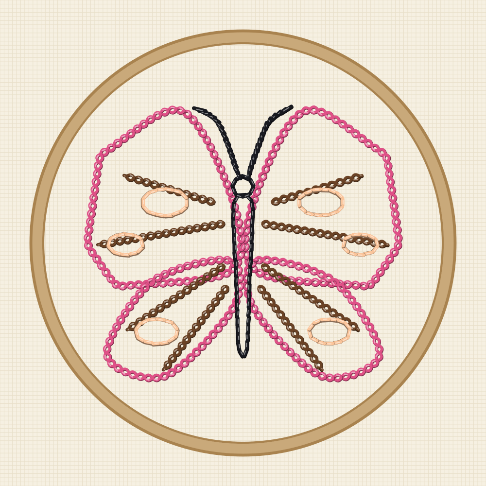 Butterfly pattern with broad internal veins planned for chain stitch and a fine back stitched body