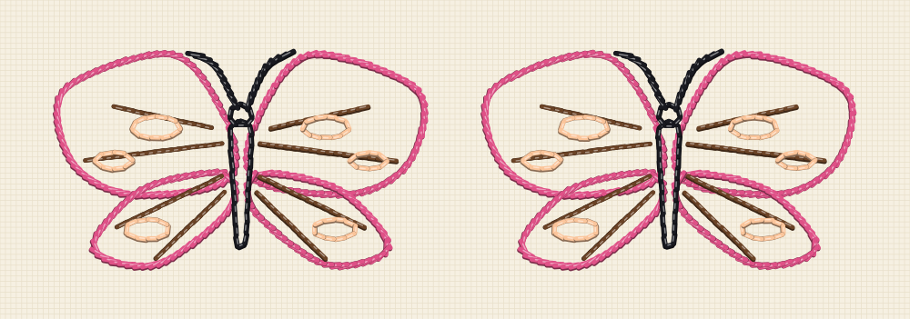 Two mirrored butterfly transfers measured for the left and right points of a shirt collar