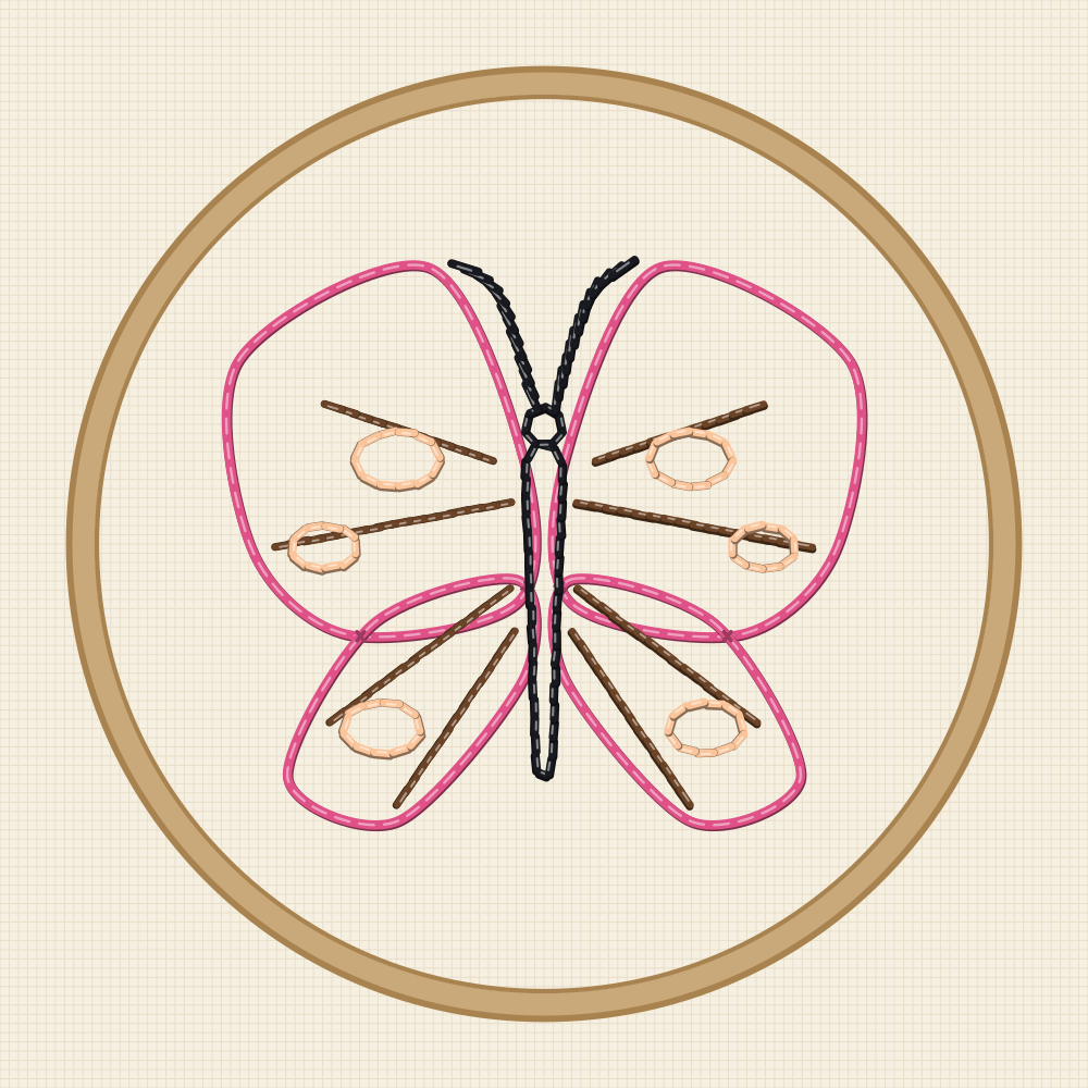 Large butterfly transfer with the four wing edges prepared for a laid thread held by couching stitches