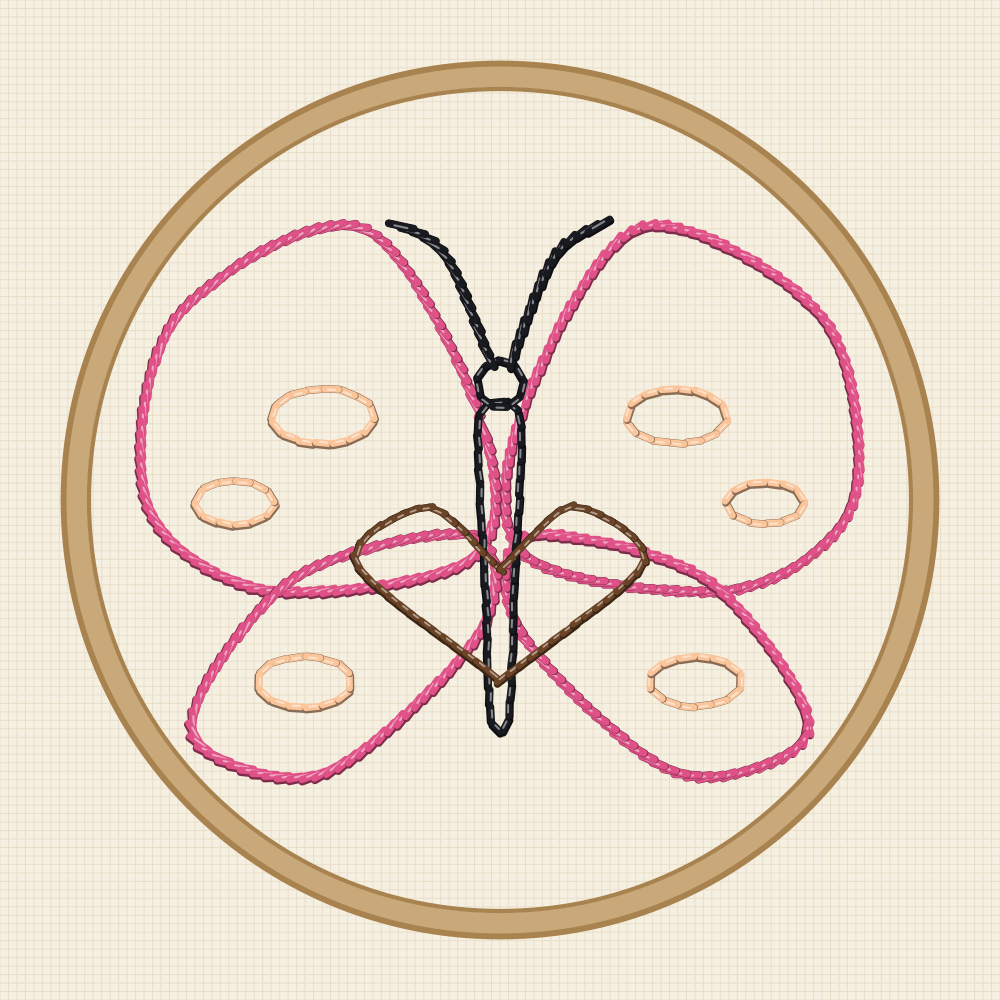 Symmetrical folk butterfly pattern with bold round wing spots and a compact decorative body