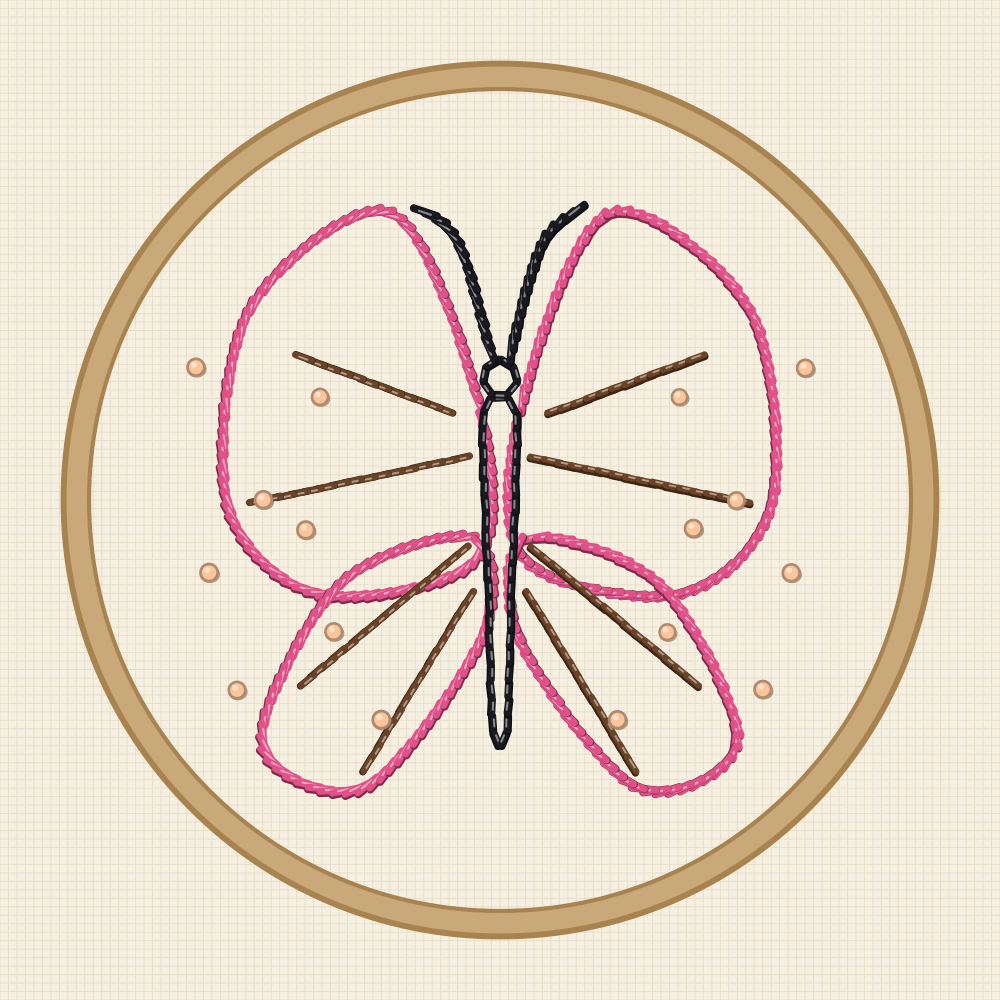 Butterfly embroidery pattern with symmetrical fields of French knots used for the wing spots