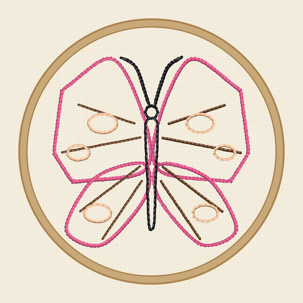 Geometric butterfly embroidery design with pointed faceted wings and straight looking internal divisions