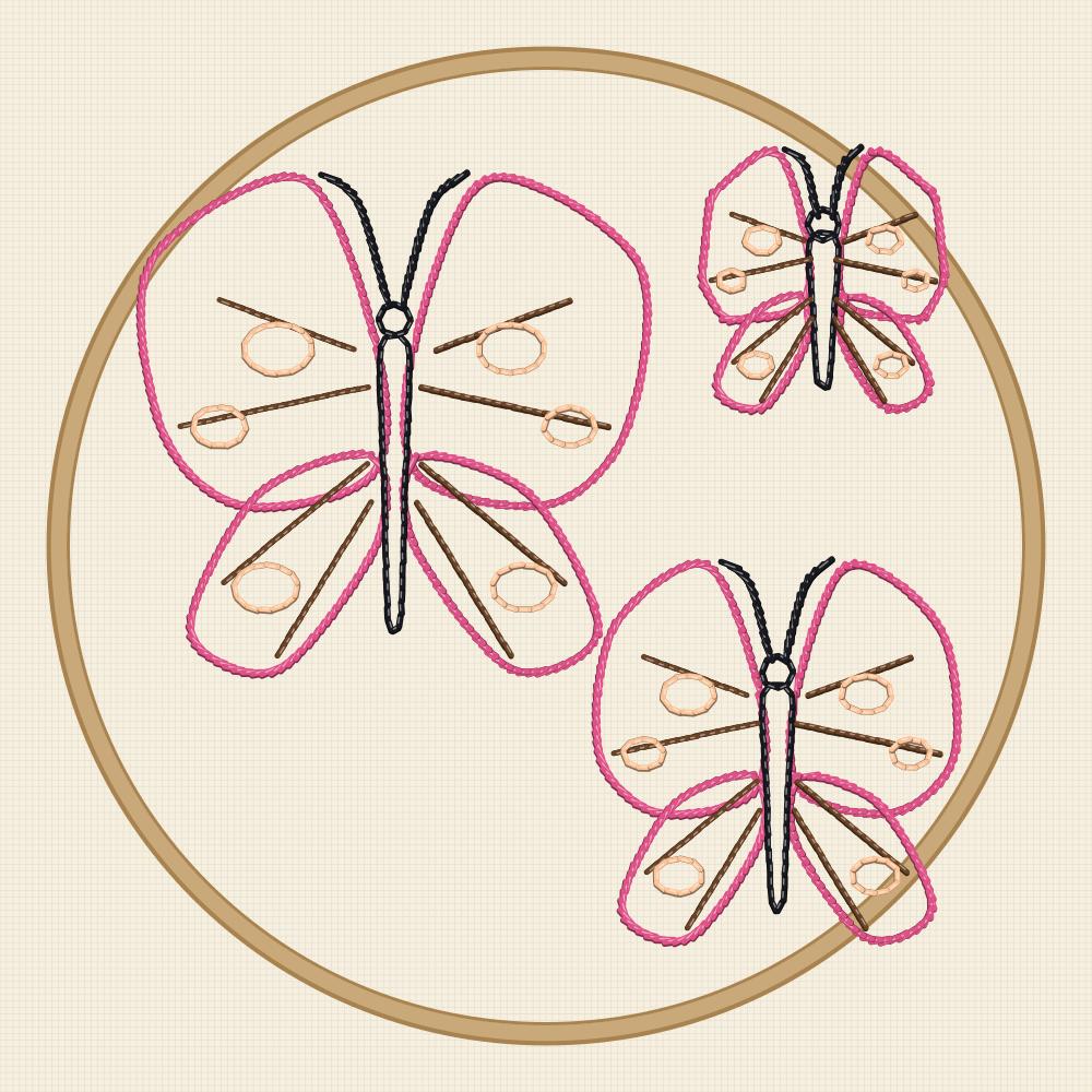 Large hoop embroidery pattern with three butterflies circling through a fifteen centimetre composition