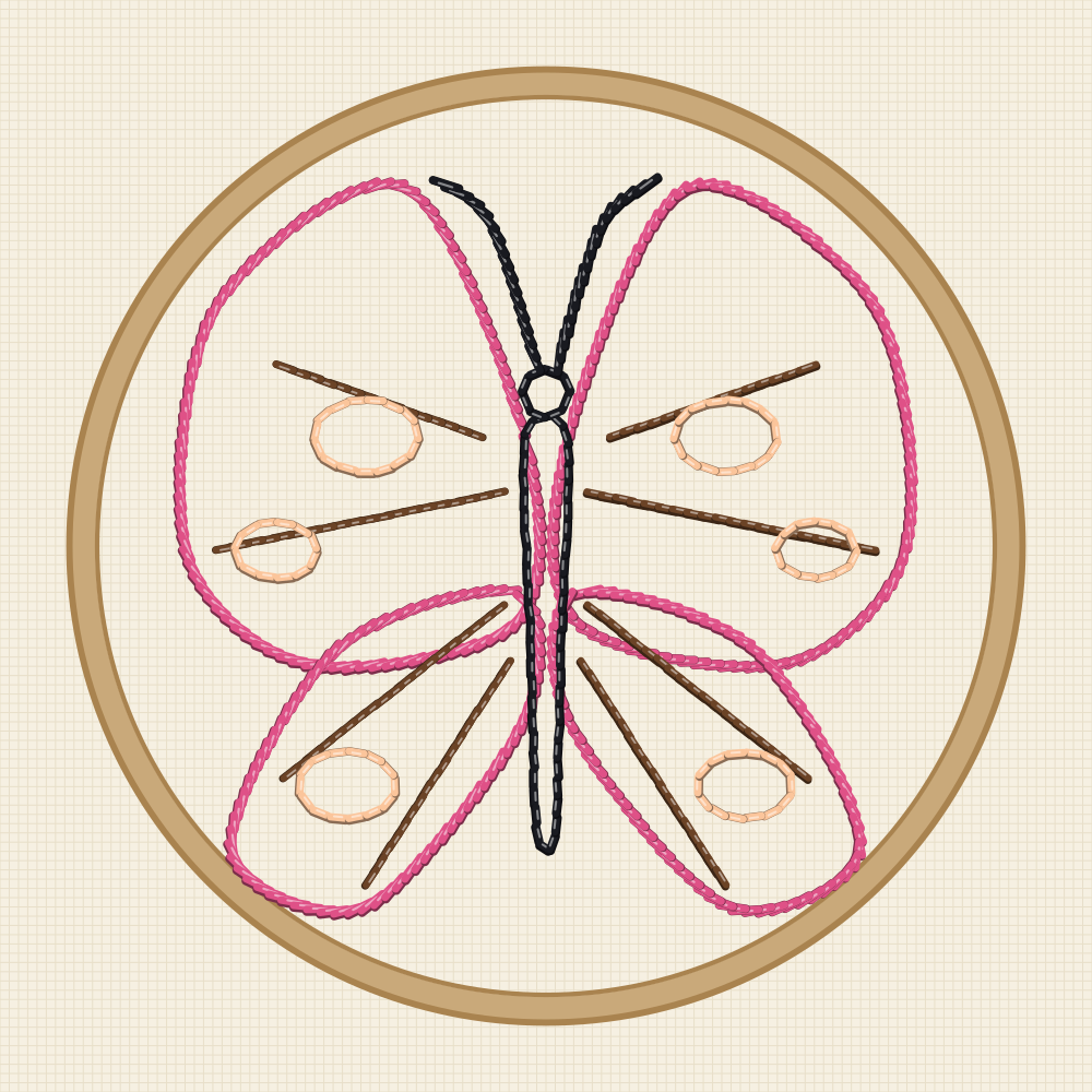 Butterfly hoop art pattern sized for a ten centimetre hoop with one open butterfly and four small dots