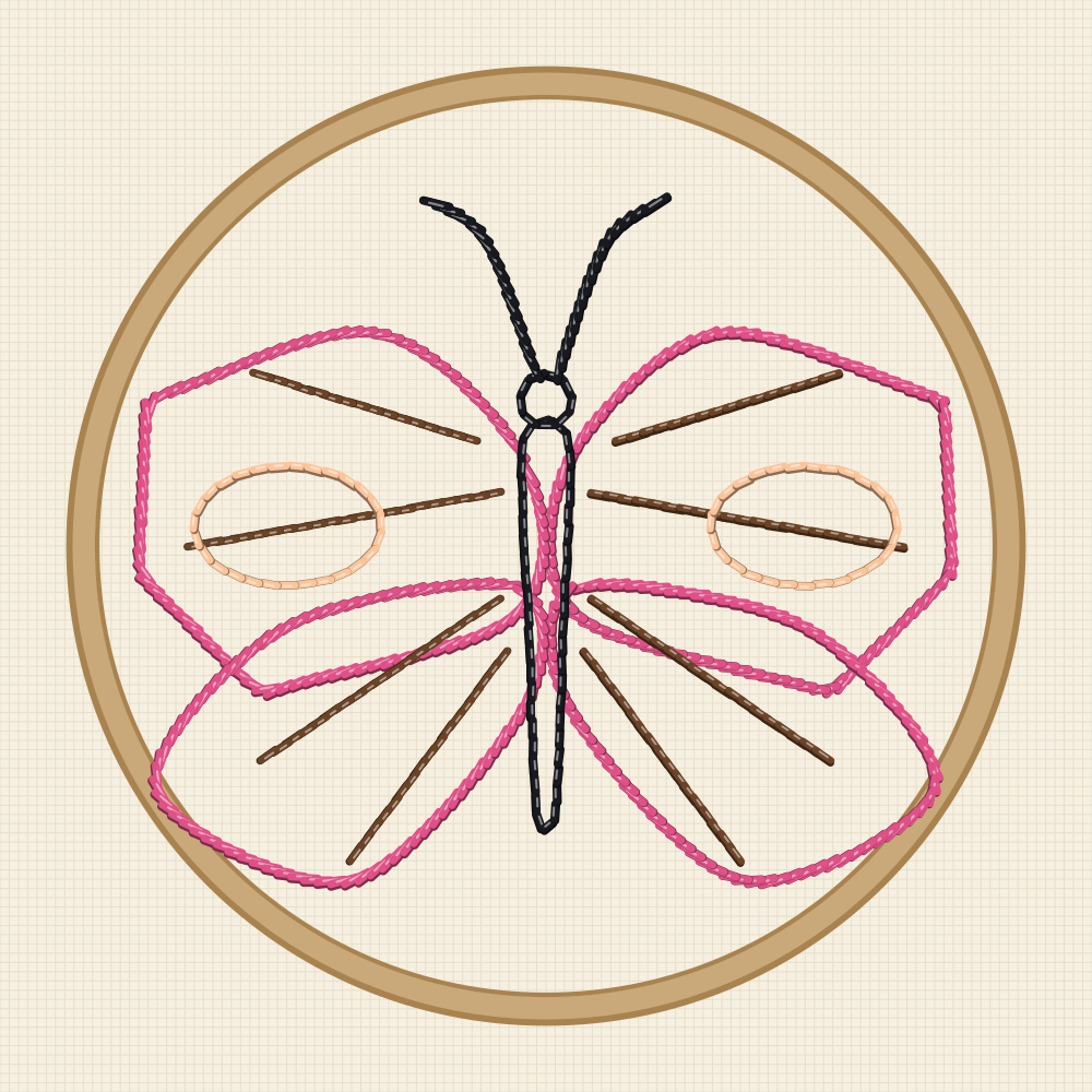 Mothlike butterfly embroidery transfer with low wide wings, thick body and symmetrical eye spots