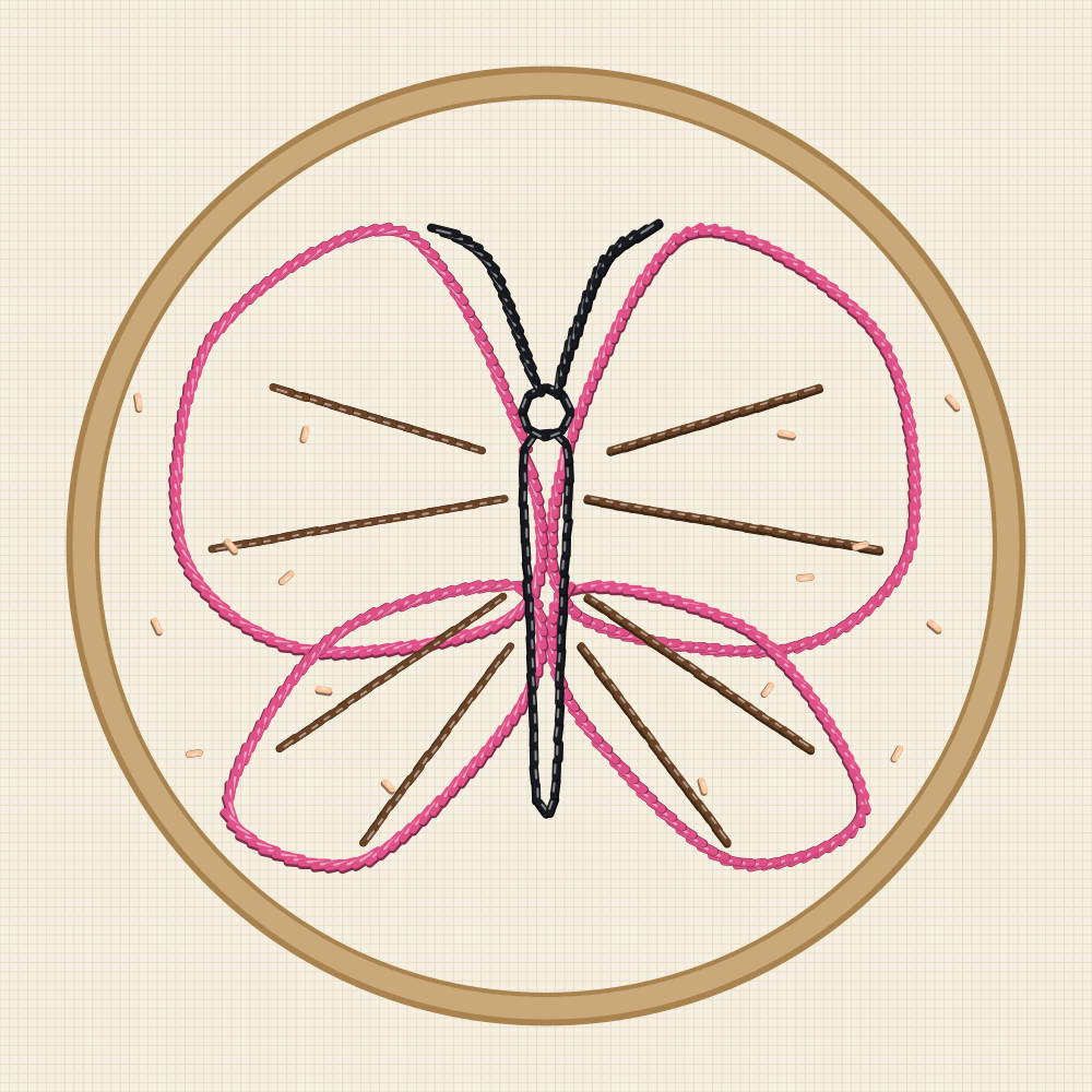Butterfly embroidery transfer with seed stitches scattered across the wing interiors from dense roots to open tips